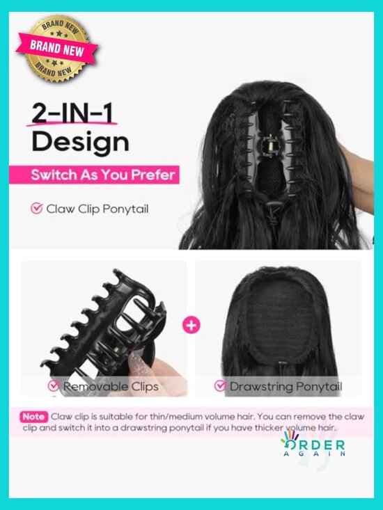 Clip in Ponytail Extension Wavy Synthetic Hairpiece 24 inch Daily Use Claw Clip